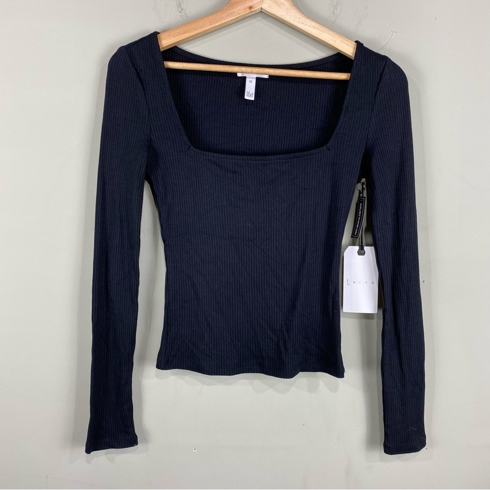 Leith: Ribbed Crop Top Square Neckline Long Sleeve Shirt Top Black Size XS (NWT)